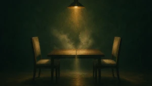 Two empty chairs facing each other across a table with a soft gap of mist between them, symbolizing emotional distance despite closeness