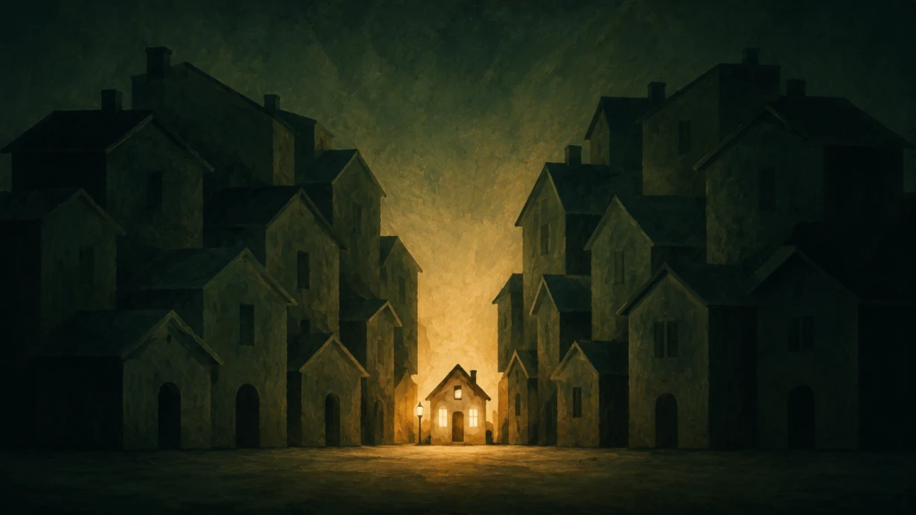 A small warmly lit house dwarfed between two large looming shadowed structures, symbolizing extended family pressure on a marriage