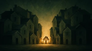 A small warmly lit house dwarfed between two large looming shadowed structures, symbolizing extended family pressure on a marriage