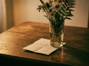 A handwritten note tucked beneath a vase of fresh flowers, symbolizing appreciation as a form of respect.