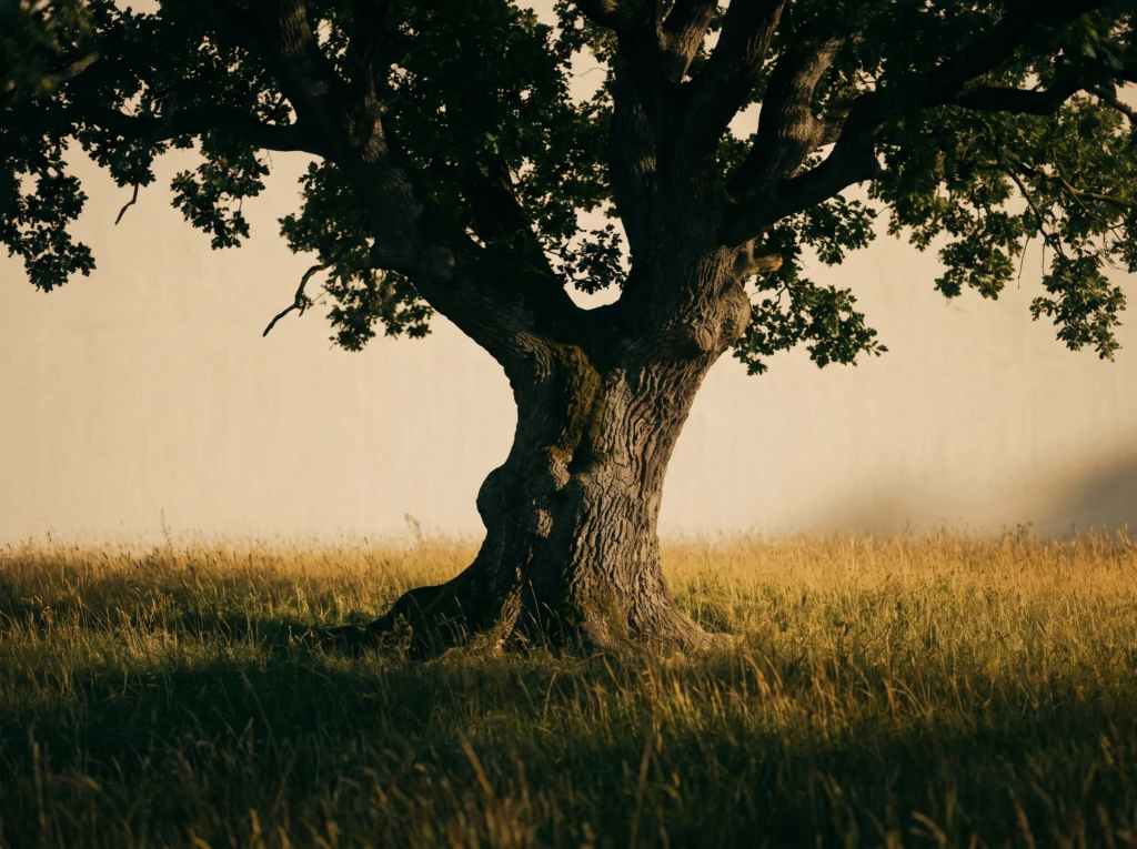 A single sturdy oak tree standing alone in an open field, symbolizing why respect matters so much in marriage.