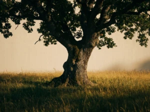 A single sturdy oak tree standing alone in an open field, symbolizing why respect matters so much in marriage.