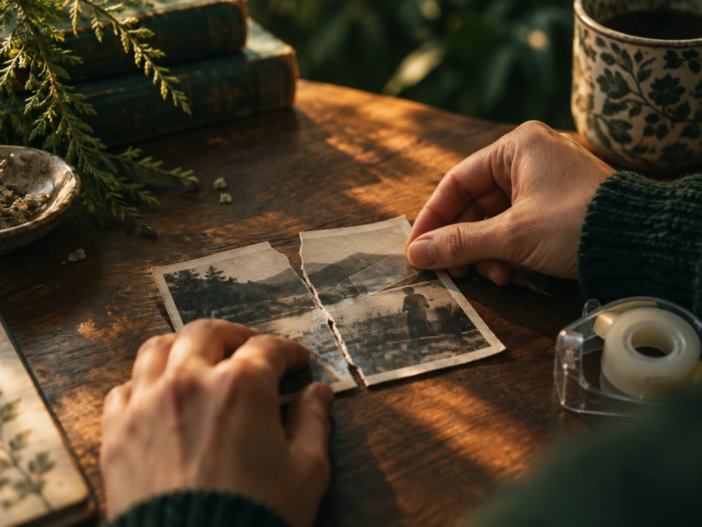 A torn old photograph being carefully mended with tape on a wooden table, symbolizing repair.