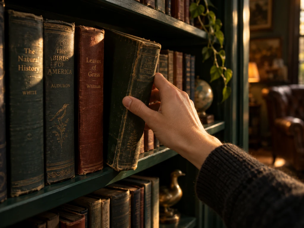 A hand pulling a well-worn hardcover book from a shelf, warm light across the spines.