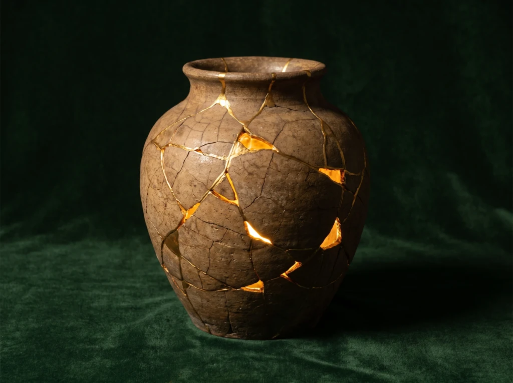 A cracked ceramic vase repaired with gold seams in the kintsugi style, symbolizing a marriage rebuilt stronger after betrayal.