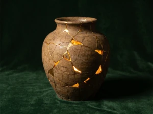 A cracked ceramic vase repaired with gold seams in the kintsugi style, symbolizing a marriage rebuilt stronger after betrayal.