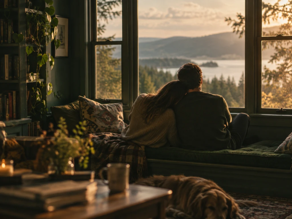 A couple sitting close together on a window seat, silhouetted against warm afternoon light.