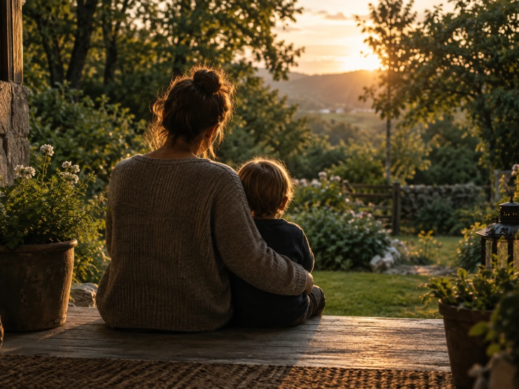 A parent and child sitting together on a porch step at sunset, seen from behind.