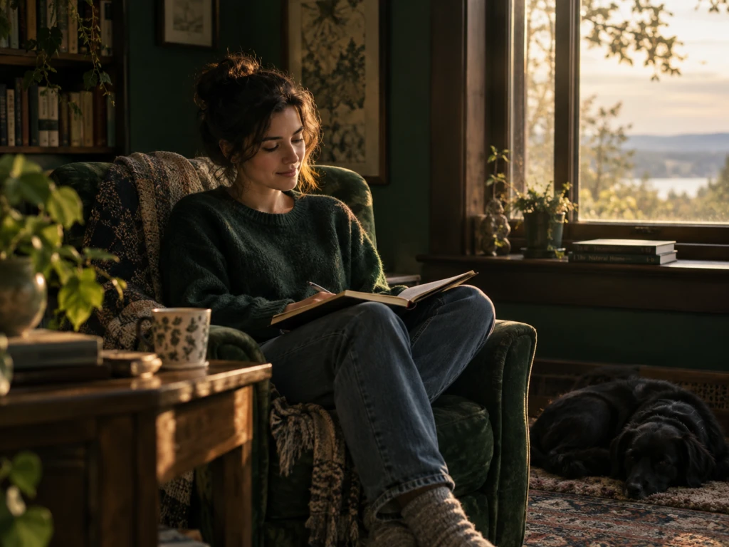 A person sitting alone by a window, journaling, calm and content.