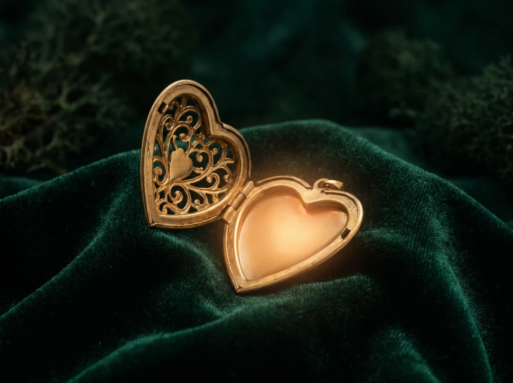 An open antique gold locket glowing softly from within, symbolizing uncertainty about still loving a spouse.