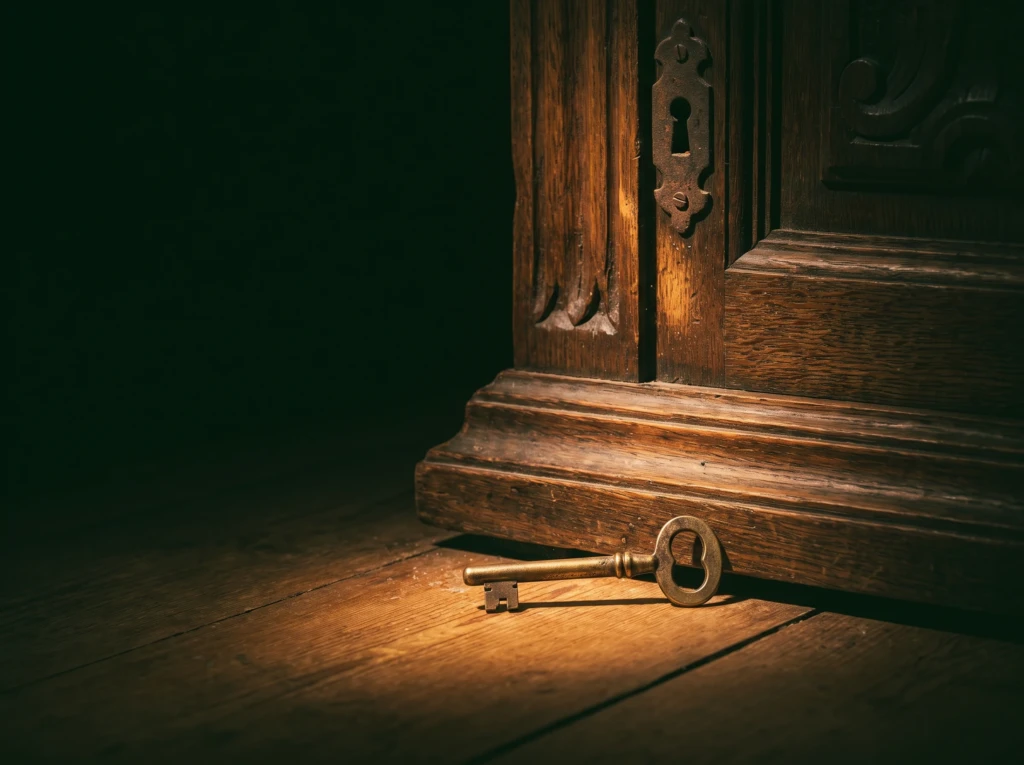 An old brass key beside a locked wooden door, symbolizing the decision to seek marriage counseling.