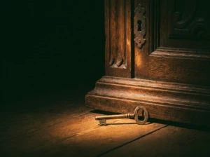 An old brass key beside a locked wooden door, symbolizing the decision to seek marriage counseling.