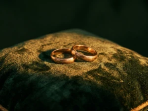 A pair of gold wedding rings on dark velvet, symbolizing a quiet season of physical intimacy in marriage.