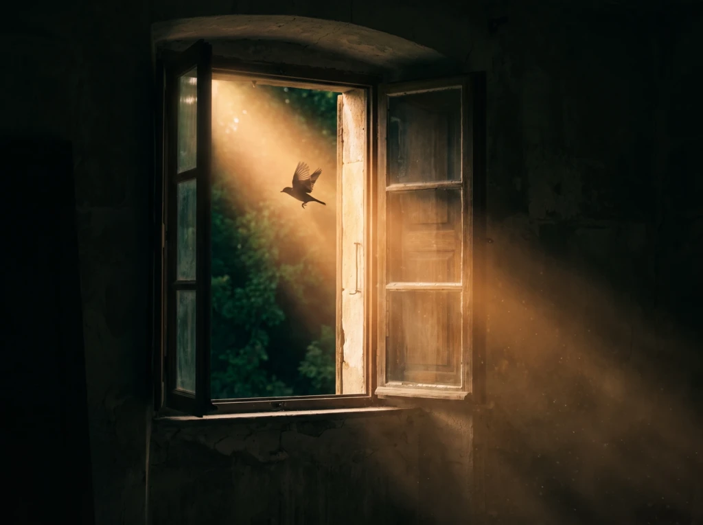 An open window with light pouring through and a bird flying out, symbolizing a passing fantasy of being single again.