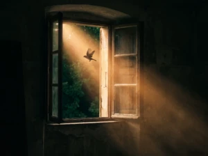An open window with light pouring through and a bird flying out, symbolizing a passing fantasy of being single again.