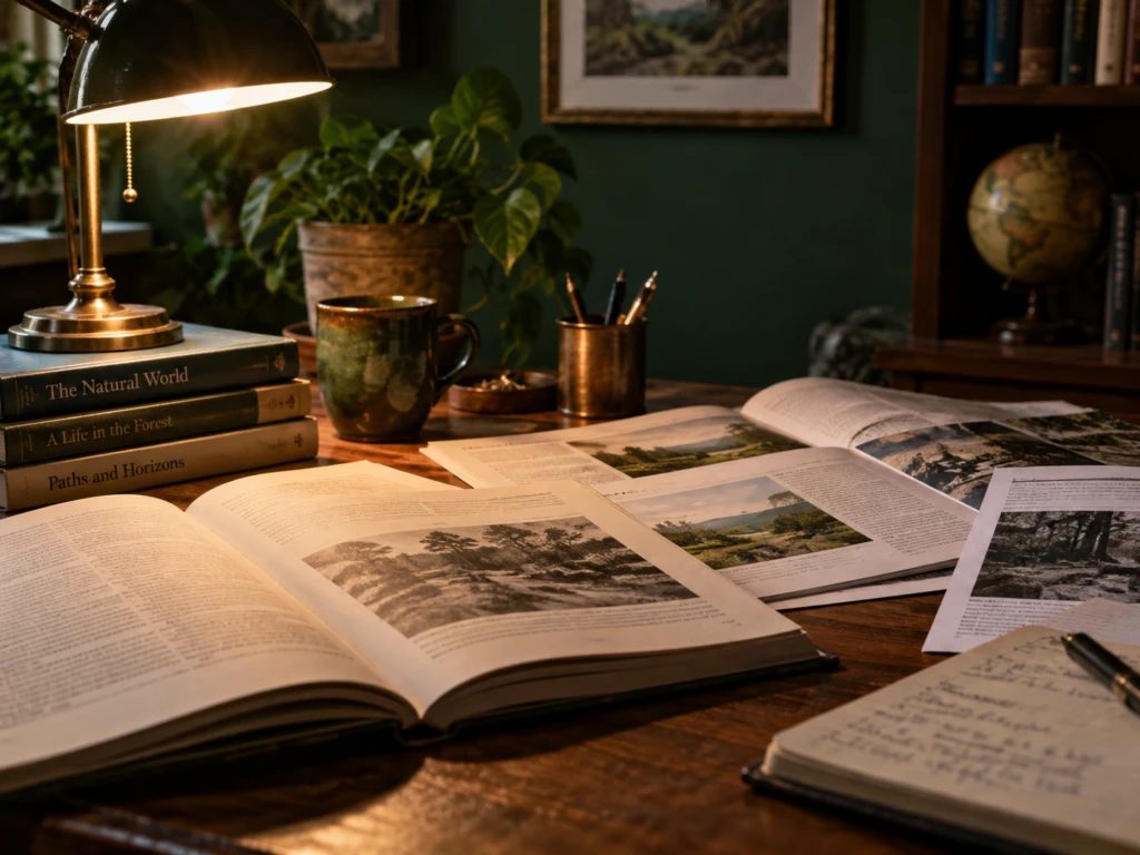 Open articles and printed pages spread across a wooden desk under warm lamp light.