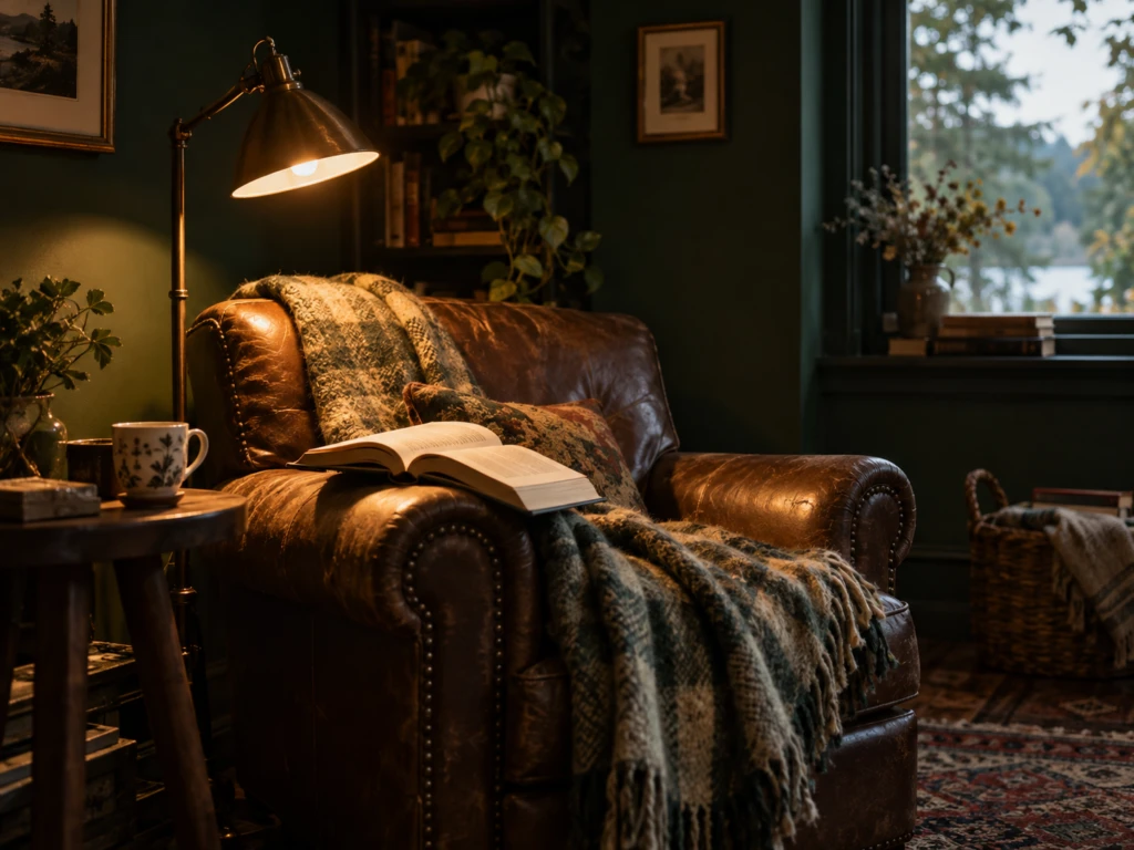 A cozy armchair beside a warm reading lamp with an open book and a soft blanket.