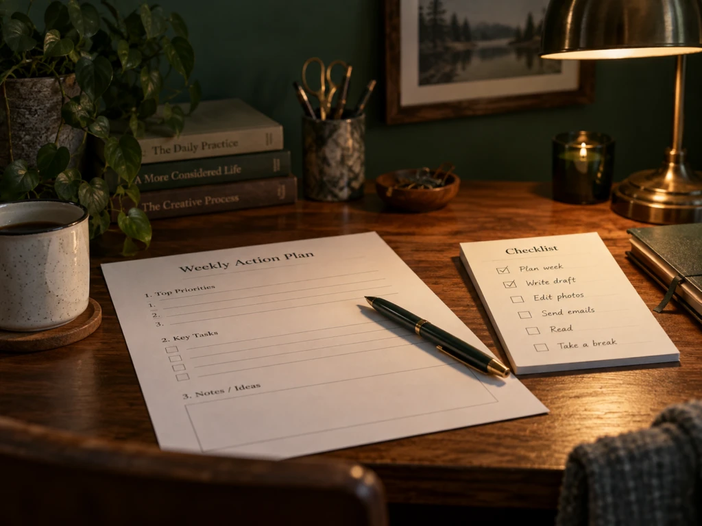 A printed worksheet, pen, and checklist laid out on a wooden desk under warm light.