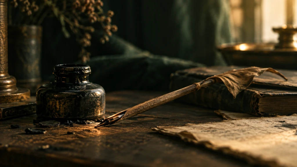 A single wilted reed pen resting beside dried ink, warm light catching the nib.