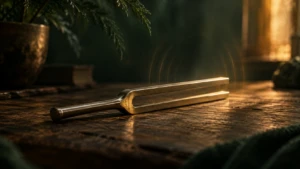 A single tuning fork resting on a wooden surface, faint vibration lines suggested in the light.