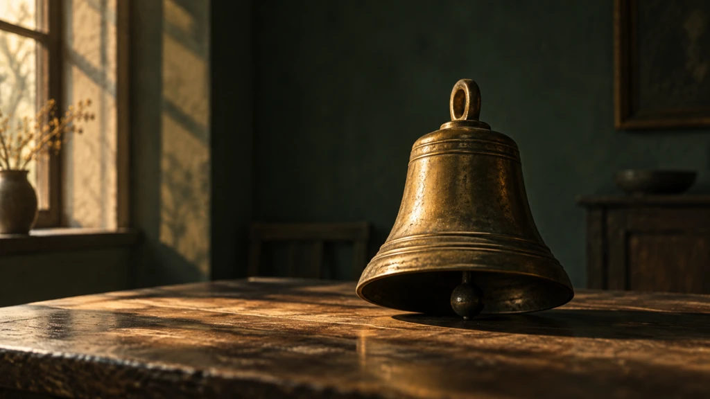 A single bell resting motionless, its clapper still, in a warmly lit empty room.