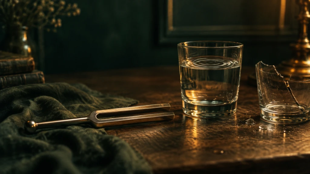 A single tuning fork beside a cracked glass, sound waves implied by ripples in a nearby water glass.