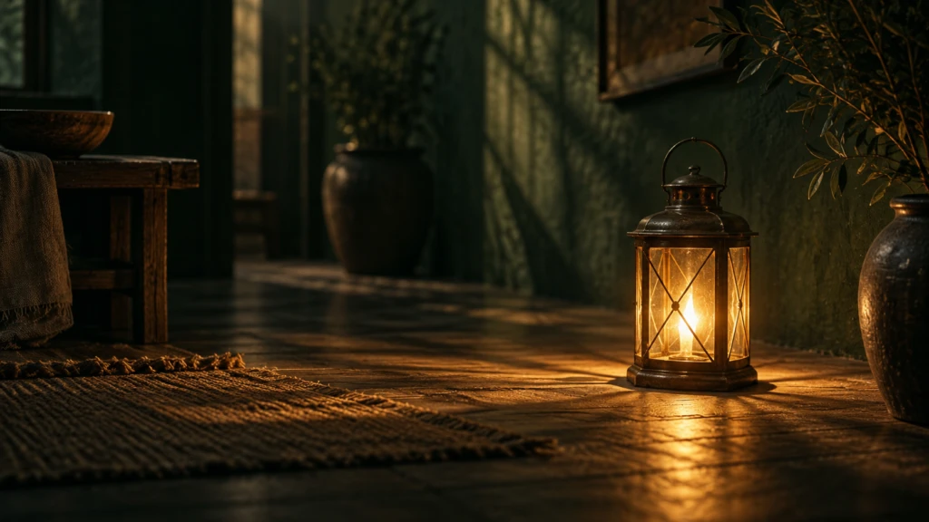 A single lit lantern set down in a dim room, its warm glow reaching further than its light source suggests.
