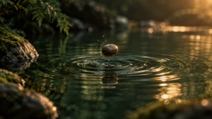 A single stone dropped into still water, captured mid-ripple from an unseen source.