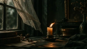 A small candle flame flickering low and unsteady in a draft.