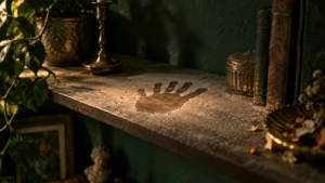 A single outstretched hand-shaped void left in dust on a shelf, an object clearly missing.