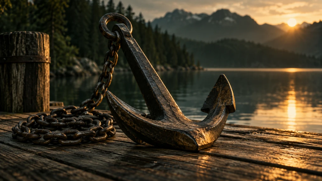 A single anchor resting solidly on a wooden dock, chain coiled calmly beside it.