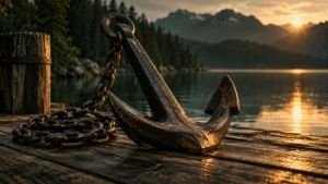 A single anchor resting solidly on a wooden dock, chain coiled calmly beside it.