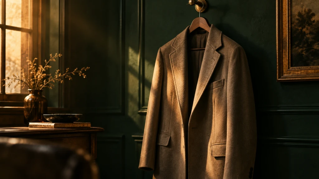 A single tailored coat hanging alone on a wooden hanger, catching warm light.