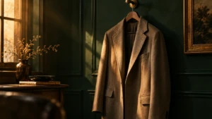 A single tailored coat hanging alone on a wooden hanger, catching warm light.