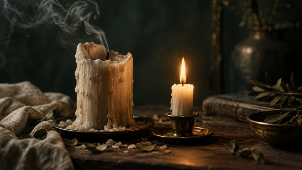 A single candle burning steadily after a louder, larger flame beside it has been snuffed out.