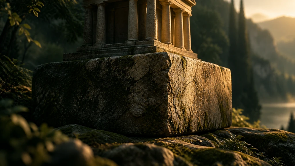 A single large stone foundation block, weathered and solid, with a small structure resting atop it.
