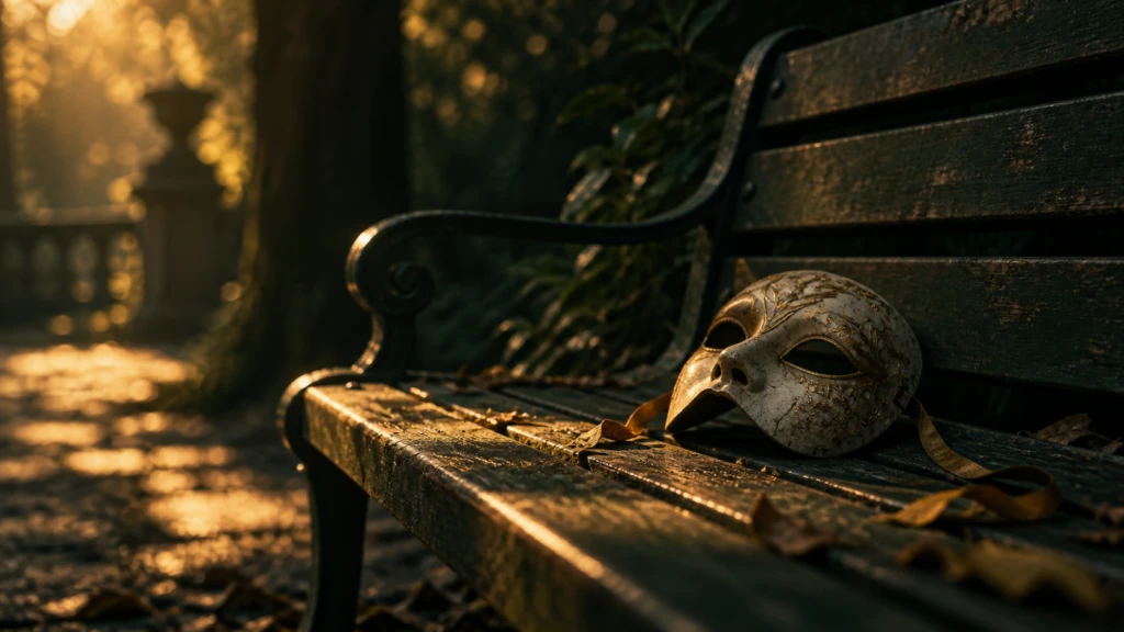 A theatrical mask set down and left behind on an empty wooden bench.