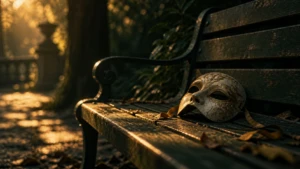 A theatrical mask set down and left behind on an empty wooden bench.