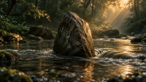 A single large stone standing firm in a shallow stream, water parting calmly around it.