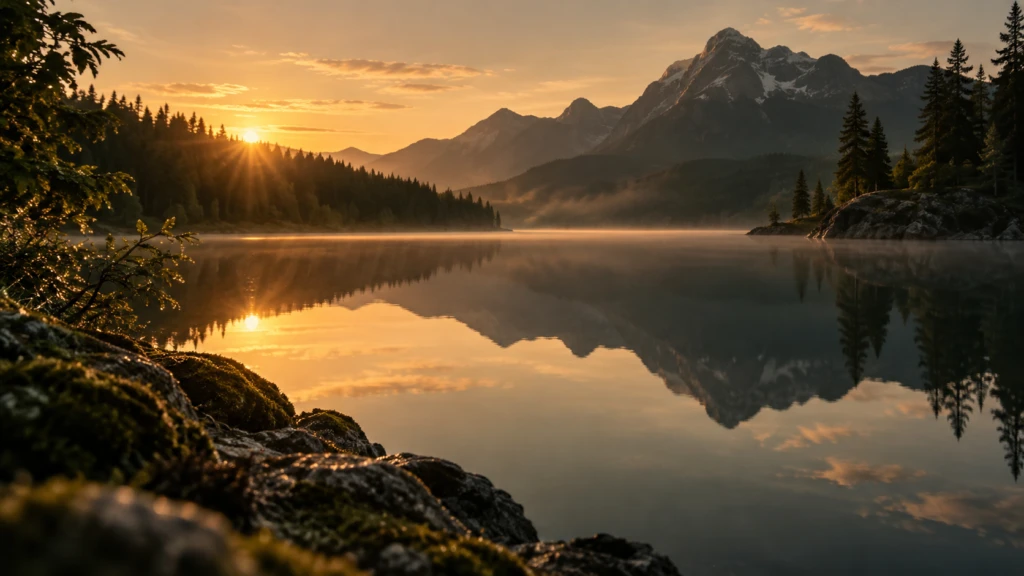 A still, glass-calm lake at dawn, reflecting a soft amber sky.