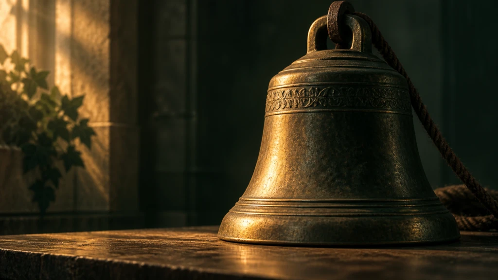 A heavy old bell resting in warm light, its deep bronze surface catching a single highlight.