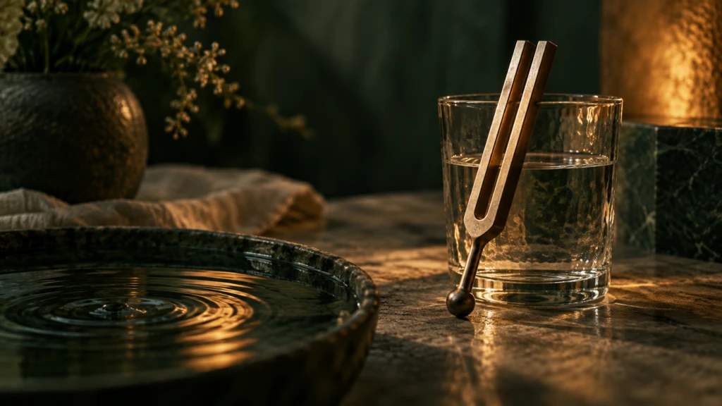 A tuning fork resting against a glass, a faint ripple already visible in water nearby.