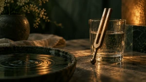 A tuning fork resting against a glass, a faint ripple already visible in water nearby.