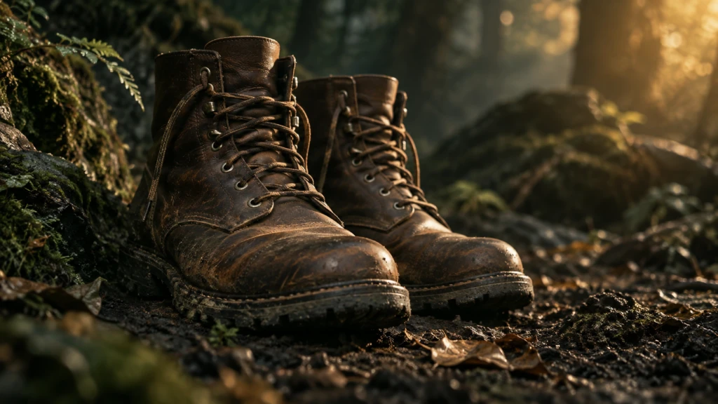 A single pair of worn, grounded leather boots planted firmly on soil.