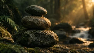 Three large stones stacked in careful balance, forming a small cairn.