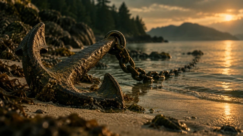 A ship's anchor resting on sand, its chain trailing off into calm shallow water.