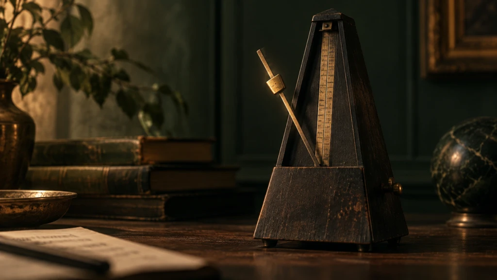 An old metronome frozen mid-swing, warm light along its brass arm.