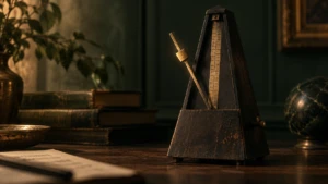 An old metronome frozen mid-swing, warm light along its brass arm.
