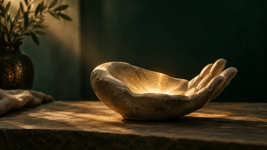 An open hand-shaped bowl offering nothing but light, resting on a plain table.
