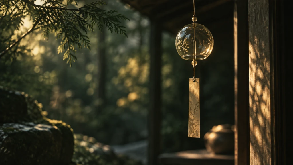 A single glass wind chime hanging still, catching light with no motion yet.